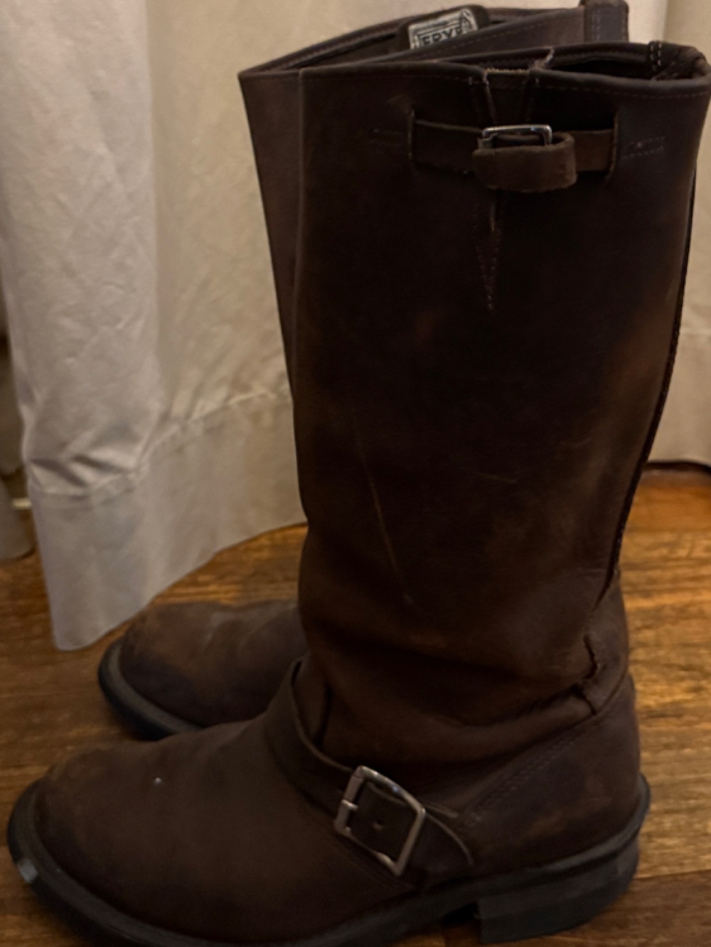 Frye Dark Brown Leather Mid-Calf Buckle Boots